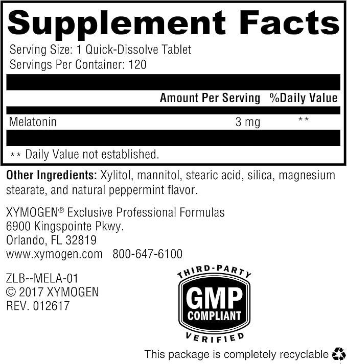 XYMOGEN Melatonin - Peppermint Lozenges - 3mg Melatonin Supplement for Nighttime Antioxidant + Immune Support (120 Quick-Dissolve Tablets)