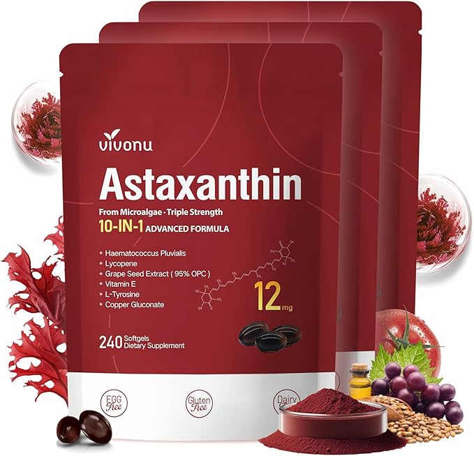 10 in 1 Astaxanthin Supplements 12mg 12 Month Supply Astaxantina Antioxidant from Fresh Haematococcus Pluvialis Contains Lycopene Grape Seed Vitamin E More Supports Eye Joints Skin Health 3Bag