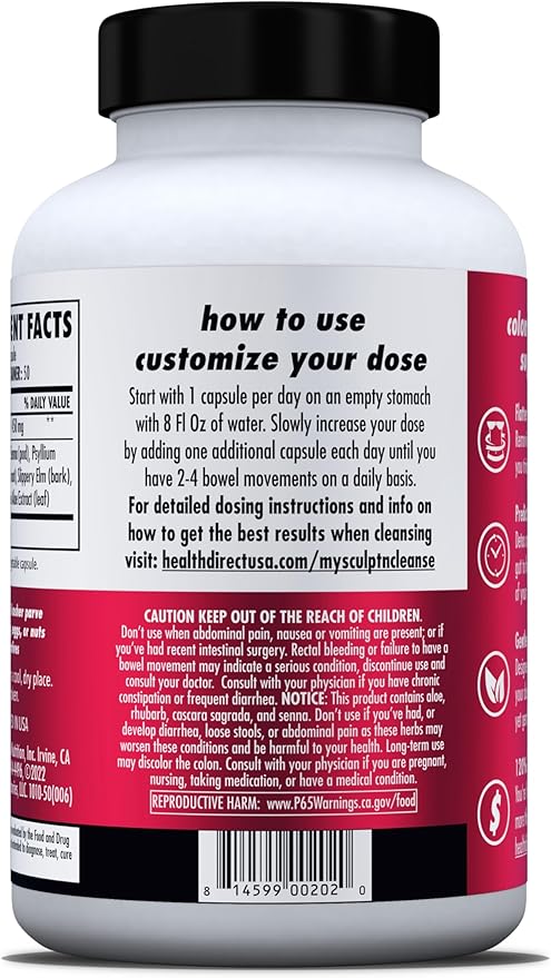 HEALTH DIRECT Sculpt n' Cleanse - Herbal Colon Cleanse for Digestive Health &amp Regularity - Natural Detox &amp Gut Flush Supplement - 50 Veggie Capsules
