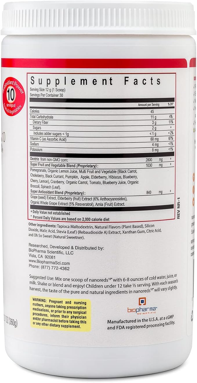 Biopharma Scientific Nanoreds: Reds Superfood Fruit &amp Vegetable Powder Smoothie Mix for Digestive Health &amp Immunity with Antioxidants VitaminC Elderberry Pomegranate Berry Flavor 30 Servi