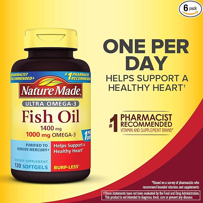 Nature Made Burp-Less Fish Oil 1200mg 360mg Omega-3 Liquid Softgels 200 ea (Pack of 6)