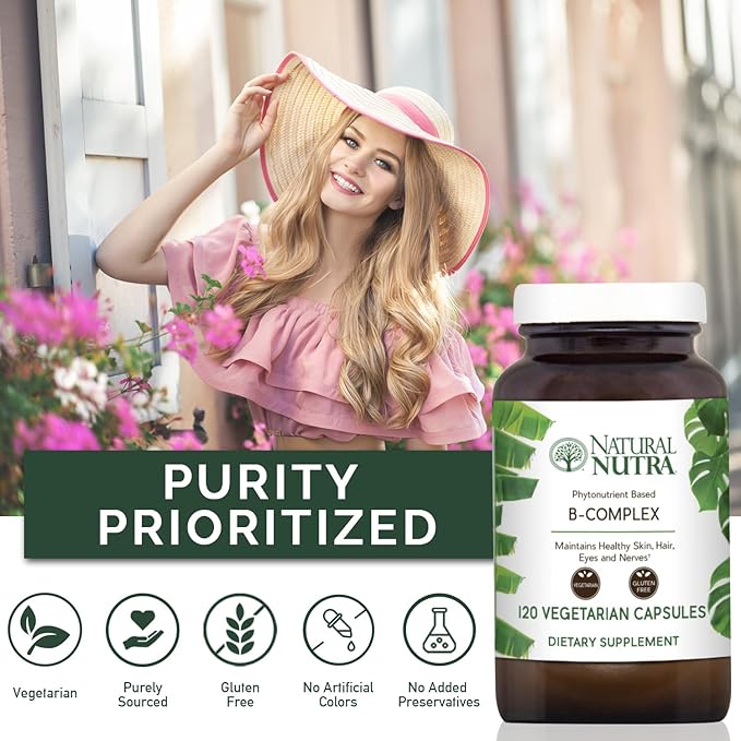 Natural Nutra Vitamin B Complex with Niacin Folate Thiamin Biotin Supports Nervous System Health Promotes Metabolism Skin Eyes and Hair Health Whole Food Supplement 120 Vegetarian Capsules