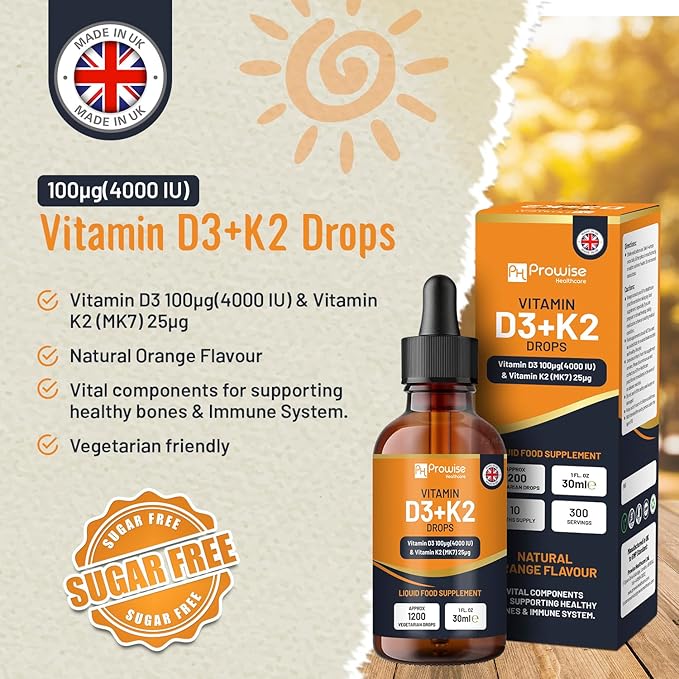 Vitamin D3 4000iu + K2 MK7 25µg I Orange Liquid Drops I High Strength 4000iu D3 + 25µg K2-30ml Bottle I Fast Absorption I 1200 Vegetarian Drops - Made in UK by Prowise Healthcare