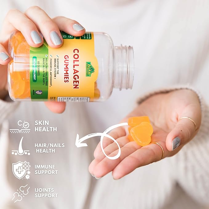 Collagen Gummies with Vitamin A for Skin Health Hair &amp Nails Growth Supplement for Men and Women Non-GMO Gelatin-Free - 60 Gummies