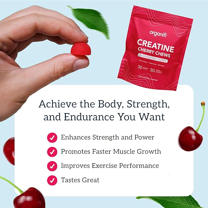 Organifi Strength and Mood Bundle - 30 Servings of Creatine Cherry Chews and Lemon Happy Drops - Delicious Creatine Monohydrate and Calming Saffron Gummies for Men and Women