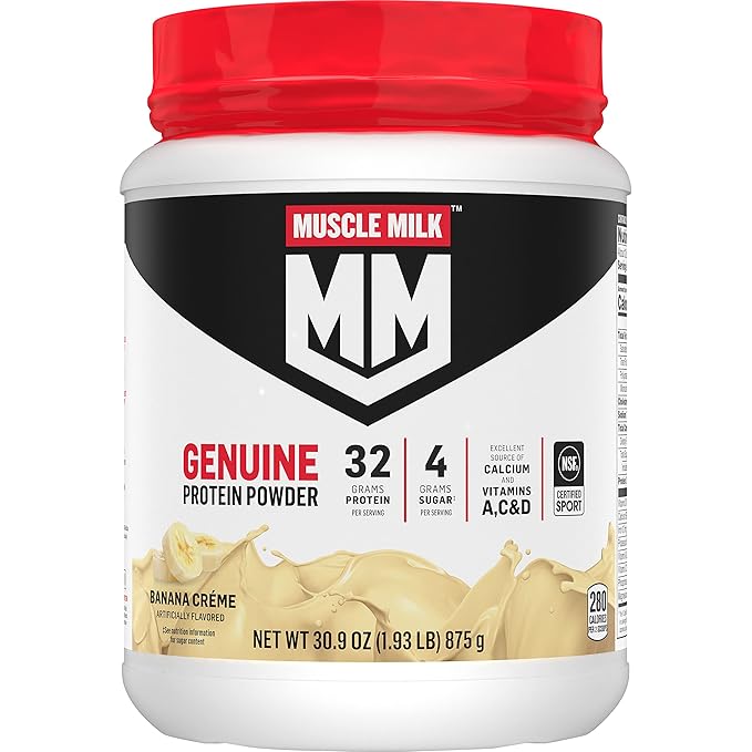 Muscle Milk Genuine Protein Powder Banana Crème 1.93 Pounds 13 Servings 32g Protein 4g Sugar Calcium Vitamins A C &amp D NSF Certified for Sport Energizing Snack Packaging May Vary