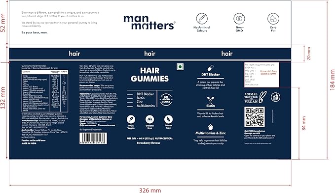 Man Matters Biotin Hair Gummy for Healthy Hair | No Sugar Added | Biotin Gummies with Hair Vitamins | Vitamin A Vitamin C Vitamin E &amp Zinc | 60 Gummies