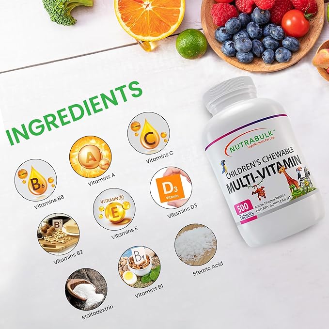 NutraBulk Children’s Chewable Multi-Vitamins - Promoting Kids' Overall Development - USA-Made May Help to Support Immune Bone Brain &amp Overall Well Being- Vegan &amp Gluten Free - 500 Cherry Ta