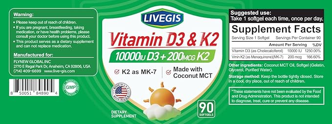 Vitamin D3 K2 Softgels D3 10000 IU with K2 (MK-7) 200 mcg with Coconut Oil Softgels Easy to Swallow 2 in 1 Vitamins D &amp K Supports Calcium Absorption Immune and Heart Health - 90 Counts