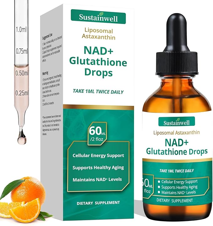 NAD+ Glutathione Liquid Drops with Liposomal Astaxanthin - Supports Cellular Energy Dual Antioxidant Action Healthy Aging - Fast Absorption High Bioavailability Vegan 2.04 Fl Oz