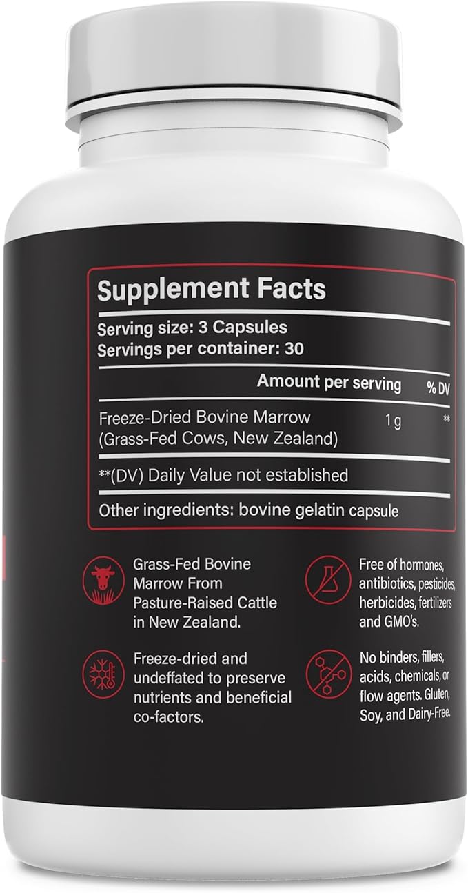 Grass-Fed Bovine Marrow Capsules – Freeze-Dried Beef Bone Marrow Supplement Rich in Whole-Food Nutrients &amp Health Fats (K2 Vitamin/Calcium Supplement Collagen CLA) Organ Nutrition - 90ct