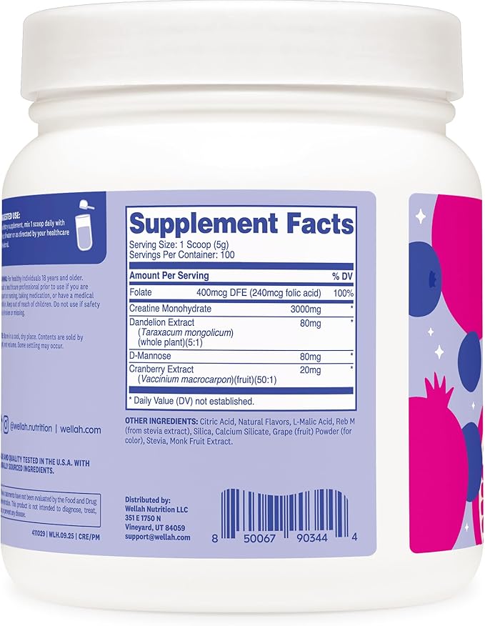Wellah Creatine for Women - Creatine Monohydrate with Dandelion &amp Cranberry Extract (100 Servings Blueberry Pomegranate)