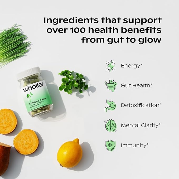 wholier Supergreens Multi Daily Greens Vegan Multivitamin for Women + Men Whole Food Vitamins + Minerals Prebiotics for Gut Health Adaptogens (60 Vegan Capsules) Glass Bottle
