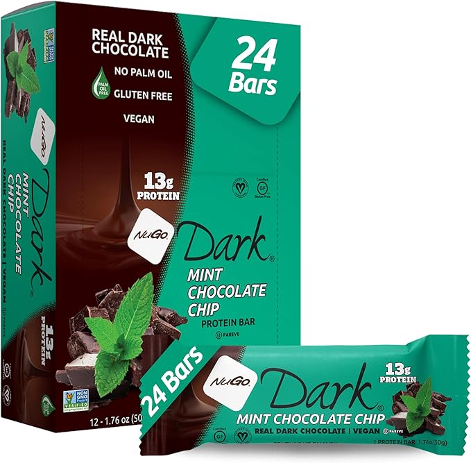 NuGo Dark Mint Chocolate Chip 13g Protein Bar Vegan Gluten Free Non-GMO Kosher Pareve 24 Count
