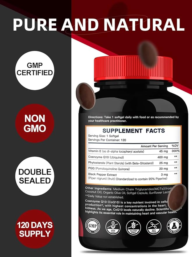 DRFOSTER Coq10 400mg Softgels Ubiquinol - Co Q 10 Supplement Coenzyme q10 Cq10 400mg Plus Vitamin E PQQ Black Pepper for Heart Health 120 Counts