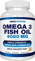 Arazo Nutrition Wild Caught Omega-3 Fish Oil Concentrate – 4080mg per Serving – High EPA 1200mg &amp DHA 900mg – 60 Burpless Lemon Softgels