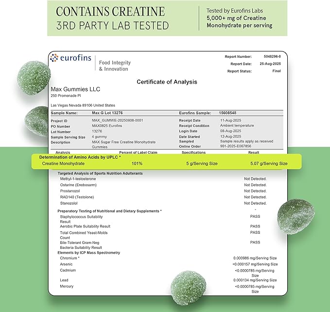 MAX Sugar Free Creatine Monohydrate Gummies - 5g Per Serving 120 Count - Vegan Lab Verified Nothing Artificial – Sour Green Apple