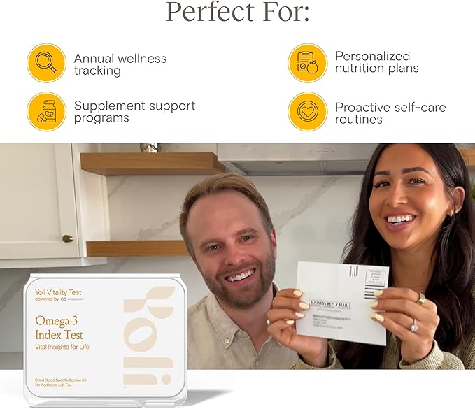 Yoli Vitality Test Kit an Omega-3 Index Blood Test Kit - at-Home Collection Testing Package for Measuring Omega-3 Levels and Wellness Tracking - CLIA-Certified Lab Results