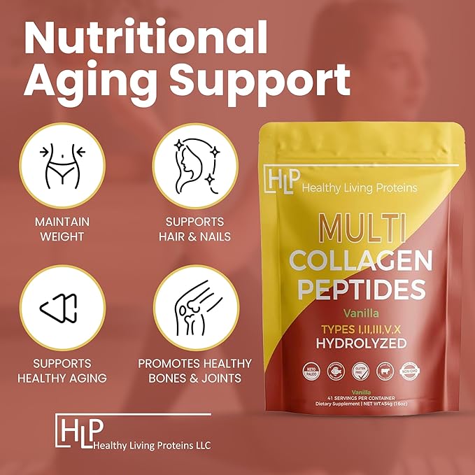 Healthy Living Proteins - Hydrolyzed Multi Collagen Peptides Powder Types I II III V &amp X - Grass Fed Bovine Wild Caught Marine Free Range Chicken - Gluten Free (Vanilla 16 oz)
