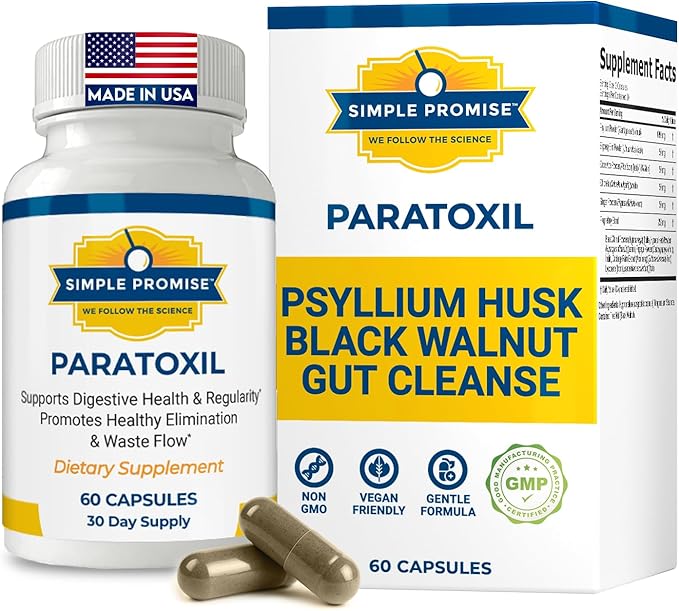 Paratoxil - Daily Gut Cleanse with Psyllium Husk Fiber &amp Black Walnut for Humans - with Slippery Elm Aloe Chlorella &amp Ginger - Natural &amp Plant-Based Cleanse - 60 Capsules
