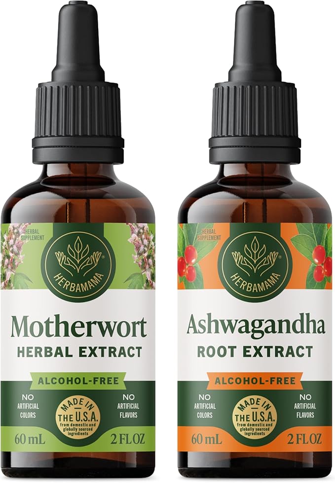 HERBAMAMA Herbal Liquid Drops Kit - Bundle of Motherwort Extract &amp Ashwagandha Tincture 2 fl oz - Vegan Non-GMO Sugar &amp Alcohol-Free - 2 Pack