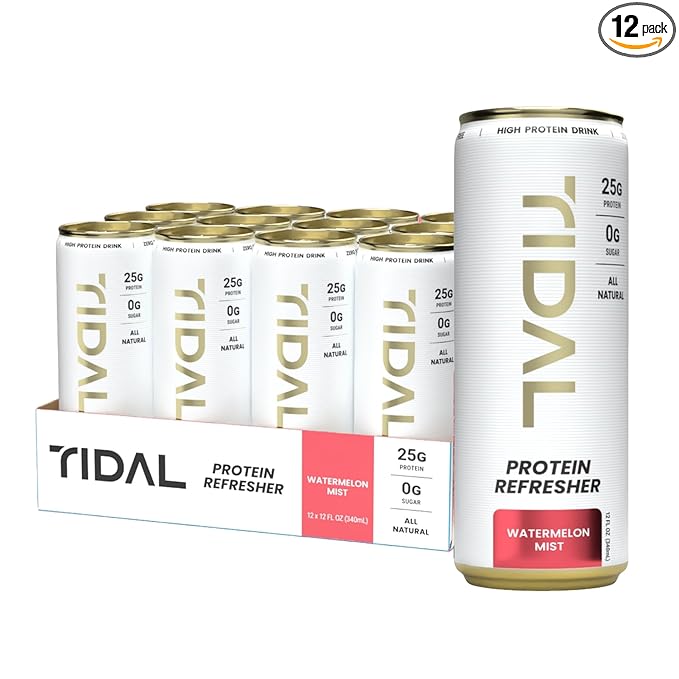 Tidal Protein Refresher | 12 fl oz | 12 Pack | 25g Clean Grass-Fed Whey | Sugar Free | Made with Natural Flavors | Drink with Essential BCAAs