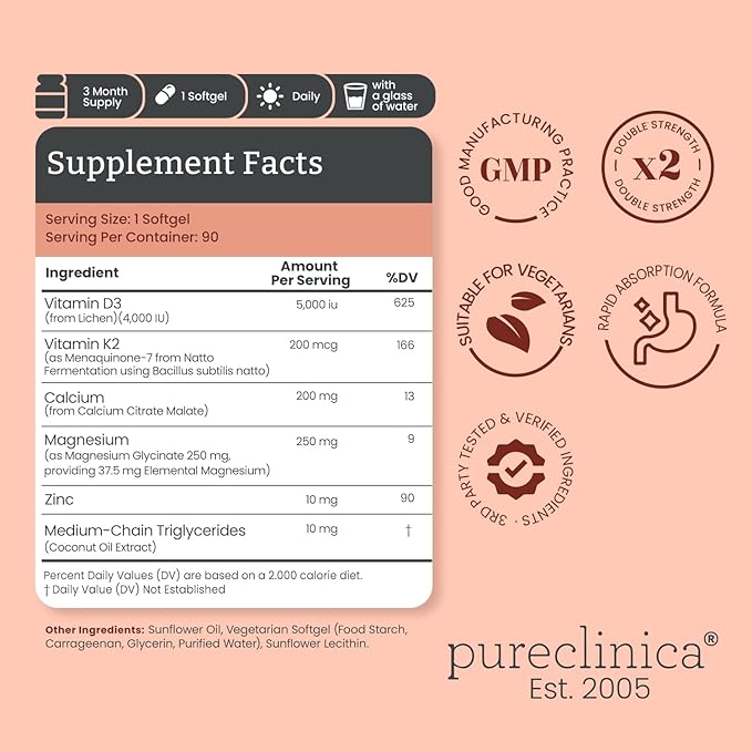 pureclinica Double Strength D3 + K2 Complex x 180 Vegan Softgels (2 Bottles of 90) – 5000 IU D3 + 100mcg K2 with Magnesium Calcium &amp Zinc – 6 Months Supply