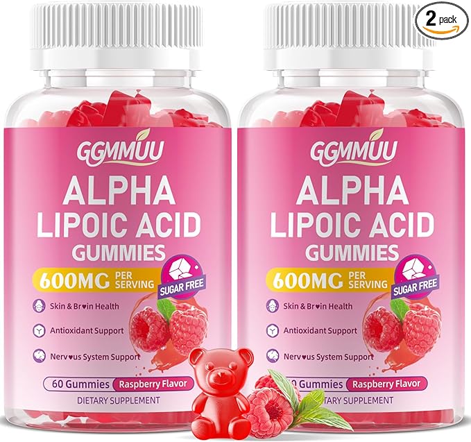 2 Pack Alpha Lipoic Acid Gummies 600mg High Absorption Chewable ALA Supplement for Antioxidant Support Raspberry Flavor Vegan Sugar Free 120 Count