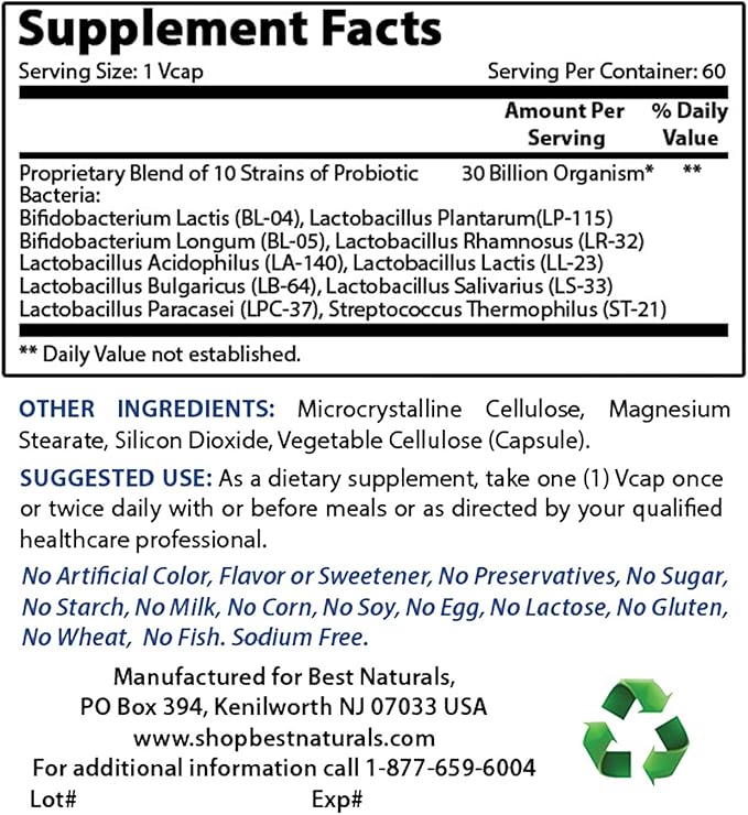 Best Naturals Probiotic 10 Strains &amp 30 Billion CFU &amp Magnesium Oxide 500 mg