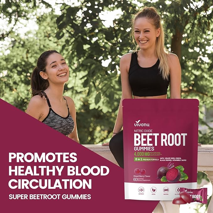 VivoNu Beet Root Gummies 8-in-1 Premium Energy Supplement with CoQ10 Beetroot Extract Grape Seed Extract Black Pepper Extract Vitamins C &amp B12 L-Arginine &amp L-Citrulline