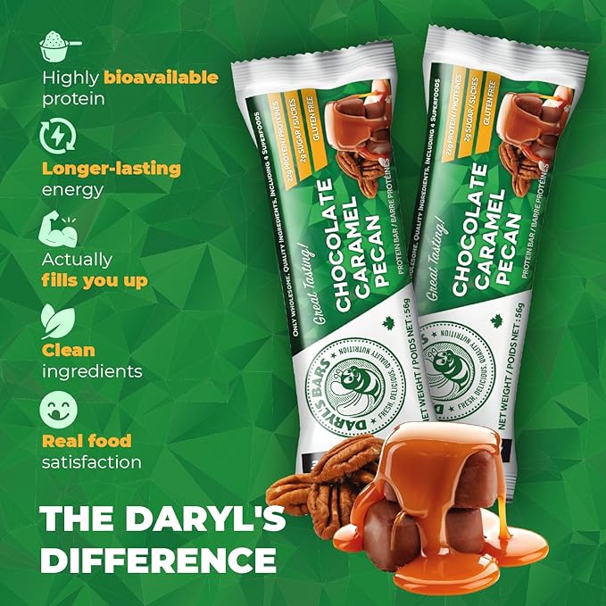 Daryl's Bars Chocolate Caramel Pecan On the Go Whey Protein Bars Gluten Free Low Sugar Protein Snack Meal Replacement Pack of 2