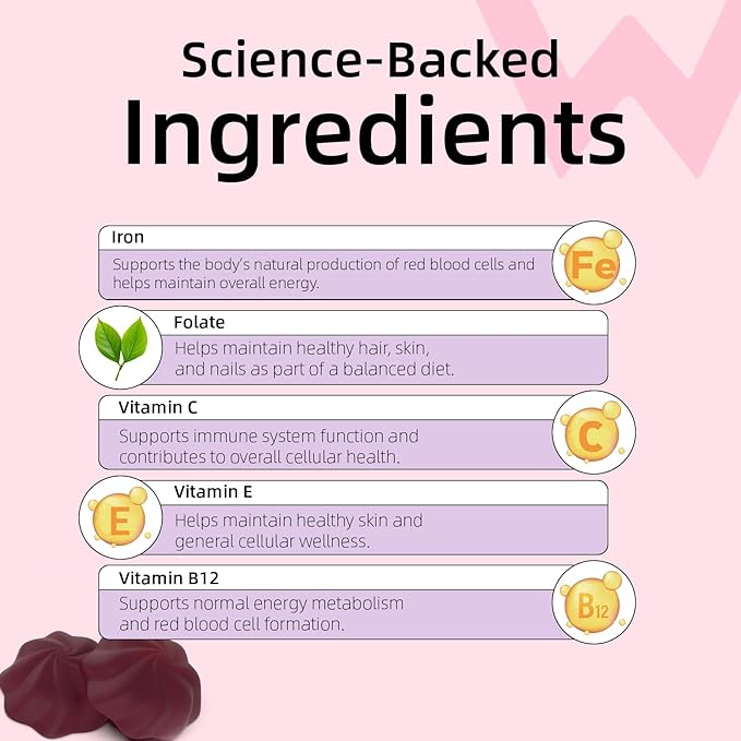 Wondermoon Iron Gummies for Women with Vitamin C Chewable Iron Supplement with B12 &amp Folate Cherry Flavor 60 Gummies