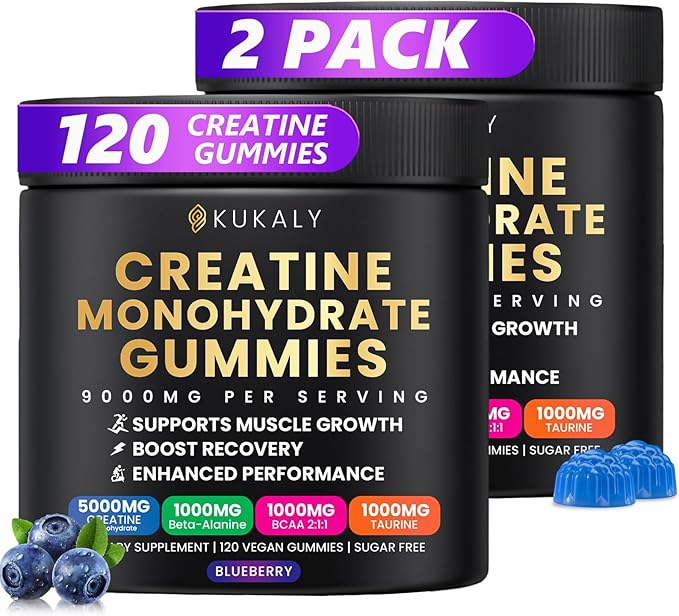 Creatine Monohydrate Gummies for Men &amp Women 9000MG Creatine Gummies Sugar Free with L-Taurine BCAA 2:1 B12 B6 for Boost Strength Focus &amp Endurance Vegan Non-GMO Blueberry 120*2 Bottle