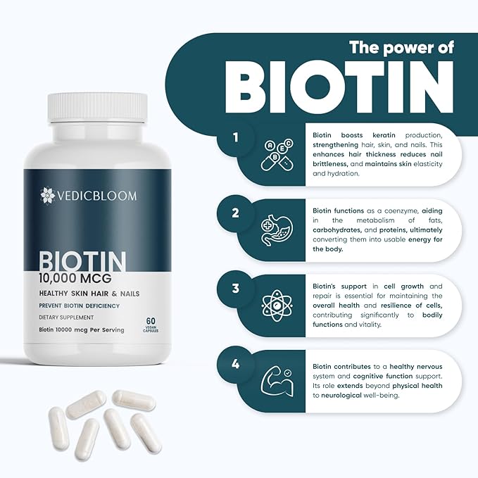 Biotin Capsules 10000 mcg High Potency 60 Vegan Capsules for Healthy Hair Skin and Nails Gluten Free Non GMO (3 180 Capsule)