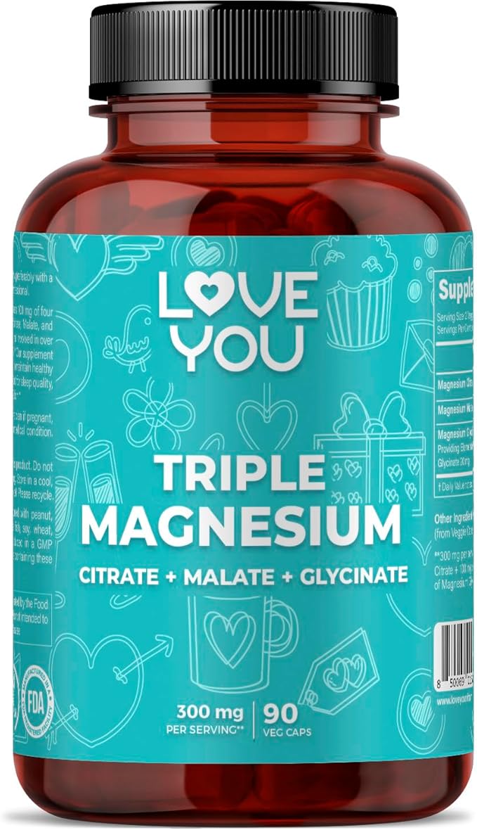 Love You Triple Magnesium Complex – 300mg per Serving Premium Magnesium Glycinate Citrate &amp Malate – High Absorption for Muscle Nerve &amp Sleep Support 90 Veggie Capsules