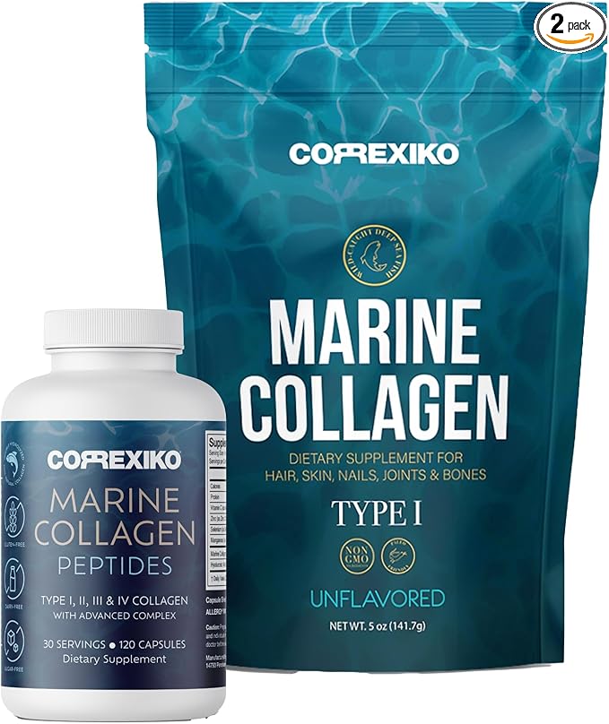 CORREXIKO Marine Collagen Supplement Pills &amp Powder Bundle - Includes 10000mg Double Hydrolyzed Collagen Powder 5oz &amp 1800mg Collagen Peptides 120 Capsules - for Hair Skin &amp Nails