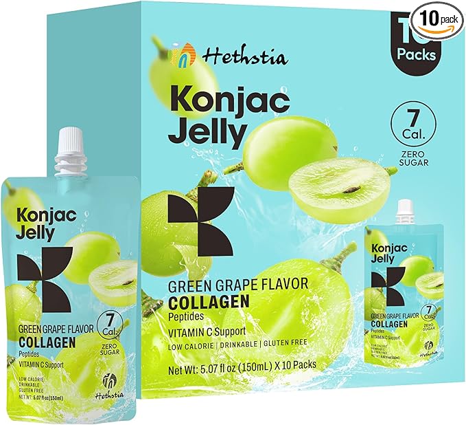 Hethstia Konjac Jelly Green Grape Flavor 10 Pouches Drinkable Grape Jelly with Collagen Peptides 7 Kcal Sugar Free Gluten Free Keto Vegan On-the-Go Chewy Light Snacks