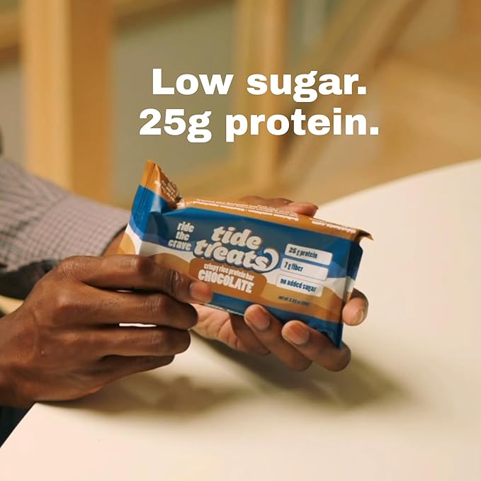 Crispy Rice Protein Treat Peanut Butter Bar | 25 g Protein No Added Sugar 7 g Fiber Gluten Free | High Protein Snack for On-the-Go Post-Workout or Dessert Cravings | 8 Count | TideTreats