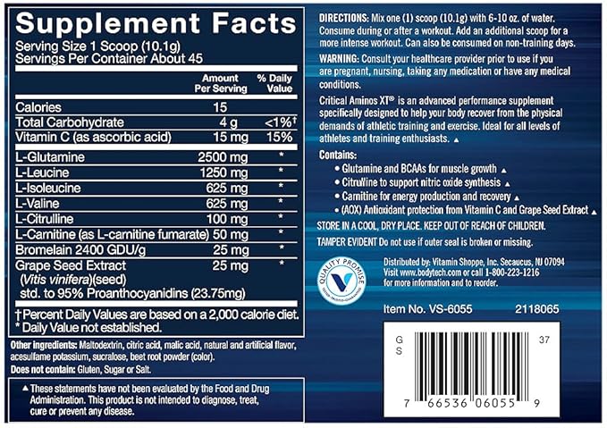 BodyTech Critical Aminos XT - Intra/Post Workout Amino Acid Formula - Supports Recovery Endurance &amp Performance - Strawberry Lemonade (12.93 oz 45 Servings)