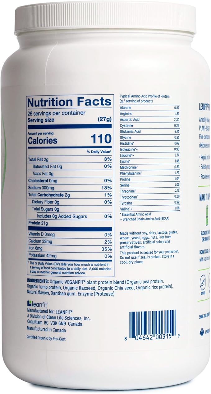 LeanFit Organic Plant-Based Protein Unflavored 21g Vegan Protein 26 Servings 1.58 Pound (715g) Tub Low Calorie Soy-Free Gluten-Free Lactose Free Sugar-Free Non-GMO