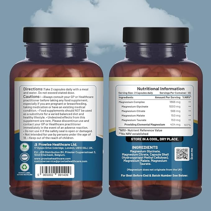 Magnesium Glycinate Complex 4 in 1-1866mg per Serving | Precise 404mg Elemental Magnesium dose | Added Magnesium Glycinate Citrate Malate &amp Taurate | 90 Vegan Capsules - by Prowise
