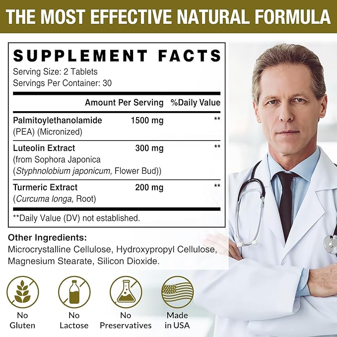 1500 MG Palmitoylethanolamide with Luteolin 98% &amp Turmeric High Absorption Micronized Pea Supplement for Discomfort Management- USA Made - 120 Tablets