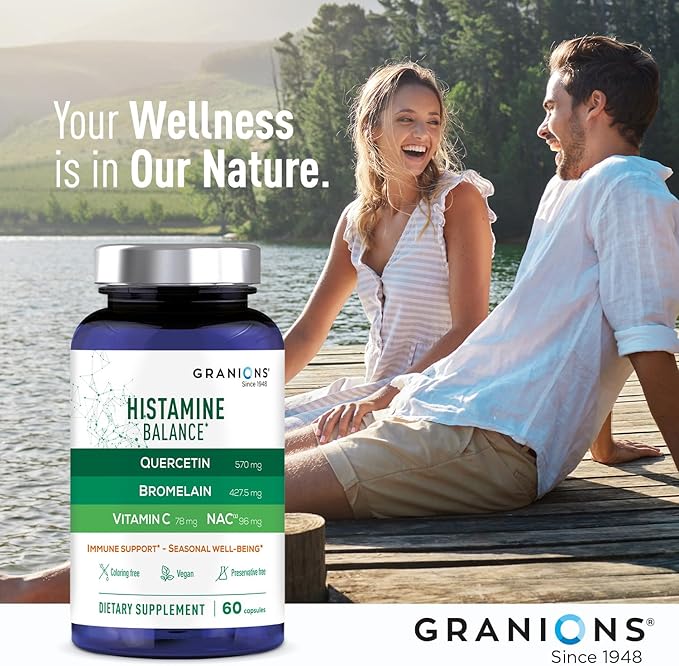 Granions Histamine Balance Complex - Quercetin with Bromelain NAC and Vitamin C - D-Hist Seasonal Histamine Blocker &amp Immune Support Supplement for Adults and Children - 60 Vegan Capsules