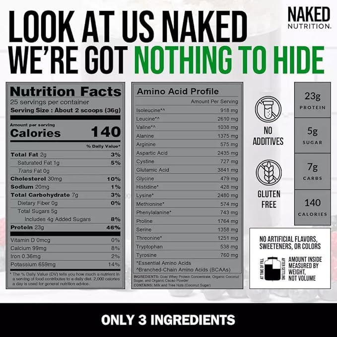 NAKED Goat Chocolate Protein Powder - Pasture Fed Goat Whey Protein Powder from Small-Herd Dairies - Only 3 Ingredients - GMO Free Soy Free - All Natural - 23 Grams of Protein - 25 Servings