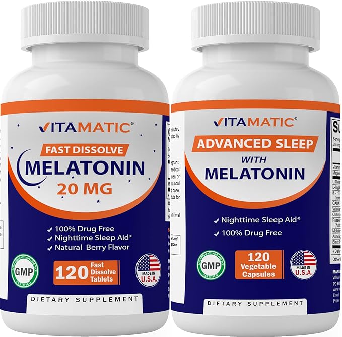 Vitamatic Melatonin Combo 20mg Melatonin Made with B6 Magnesium L-Theanine L-Tryptophan 5-HTP GABA Valerian Chamomile Passion Flower Ashwagandha &amp Black Pepper