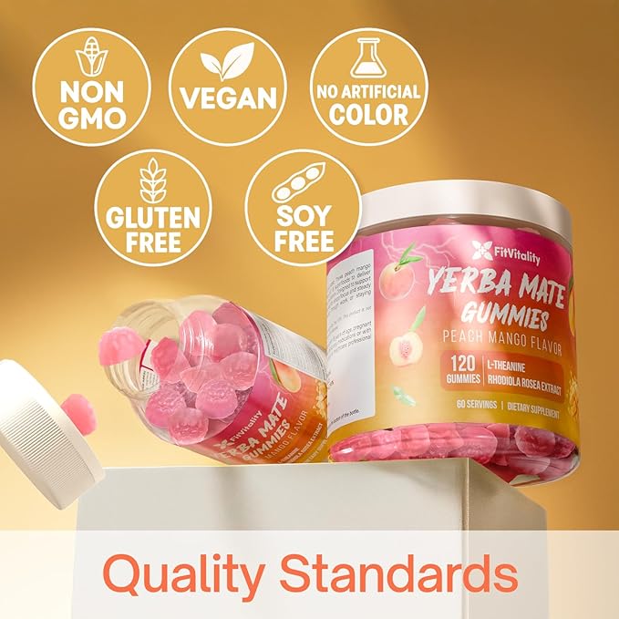 60 Yerba Mate Gummies - Formulated with L-Theanine Rhodiola Rosea Ginseng Choline B12 – Peach Mango Flavor – Vegan Gluten-Free Non-GMO