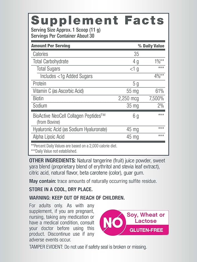 NeoCell Collagen Peptides Powder | 11.6 oz | Grass Fed Bovine | with Biotin and Hyaluronic Acid | Tangerine Twist Flavored | Beauty Infusion Drink Mix | Hair Skin &amp Nails