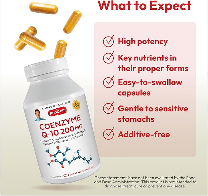 ANDREW LESSMAN Coenzyme Q-10 200 mg 180 Capsules - Essential for Energy Production and Optimum Key Organ Function Anti-Oxidant Support Depleted by Aging Plus B-Complex. Easy to Swallow Capsules
