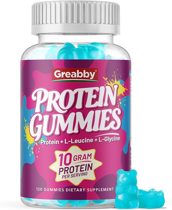 Protein Gummies Chewable Whey Protein Supplement with L-Glycine &amp L-Leucine 10g Protein for Women &amp Men Muscle Hair Skin &amp Nails 120 Count