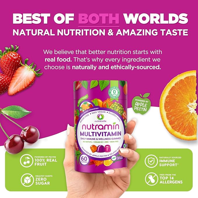 NUTRAMIN Daily Vegan Keto Multivitamin Gummies Non-GMO Natural Vitamin C D + Zinc for Immunity Plant-Based Sugar-Free Nut-Free Gluten-Free Biotin Vitamin A B B6 B12 60 Ct 30 Days (60 Count)